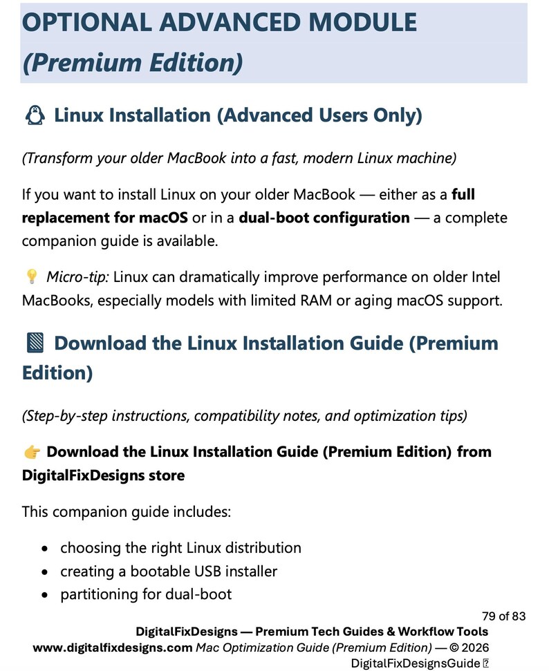 K&ouml;nnte beinhalten: Ein wei&szlig;es Dokument mit dem Titel "OPTIONAL ADVANCED MODULE (Premium Edition)", das Informationen zur Linux-Installation auf &auml;lteren MacBooks enth&auml;lt. Es bietet Anweisungen, Kompatibilit&auml;tshinweise und Optimierungstipps. Der DigitalFixDesigns-Shop wird erw&auml;hnt.