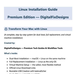 K&ouml;nnte beinhalten: Ein digitaler Leitfaden mit dem Titel "Linux Installation Guide Premium Edition" von DigitalFixDesigns. Der Leitfaden behandelt Dual-Boot-Installation, Virtual-Machine-Setup und Fehlerbehebung. Der Text ist in Hellblau und Wei&szlig; gehalten.