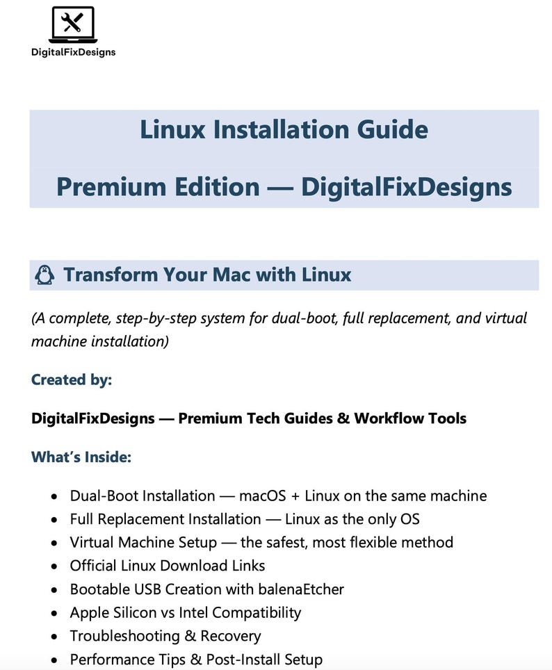 K&ouml;nnte beinhalten: Ein digitaler Leitfaden mit dem Titel "Linux Installation Guide Premium Edition" von DigitalFixDesigns. Der Leitfaden behandelt Dual-Boot-Installation, Virtual-Machine-Setup und Fehlerbehebung. Der Text ist in Hellblau und Wei&szlig; gehalten.