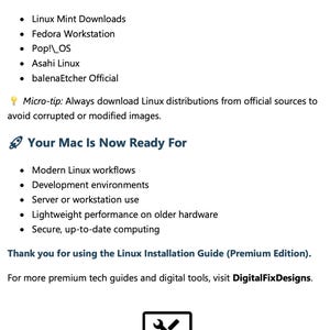 K&ouml;nnte beinhalten: Eine wei&szlig;e Grafik mit dem Text "DigitalFixDesigns" und einem Laptop-Symbol mit einem Schraubenschl&uuml;ssel. Der Text listet Linux-Downloads auf und besagt "Your Mac Is Now Ready For" moderne Workflows und sicheres Computing.