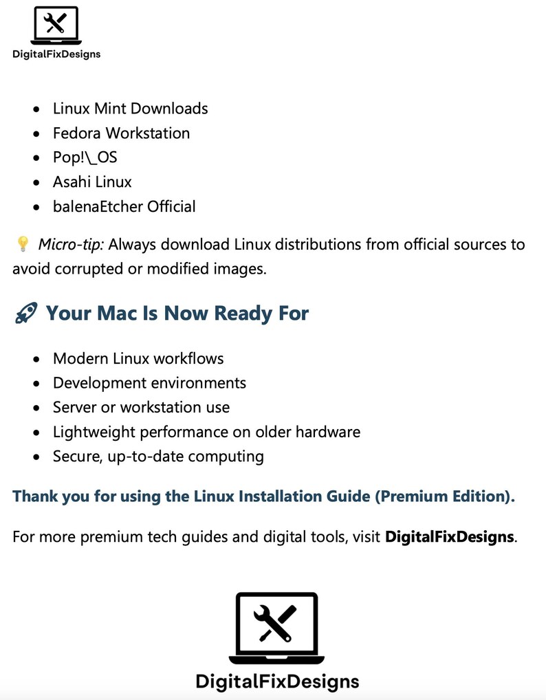 K&ouml;nnte beinhalten: Eine wei&szlig;e Grafik mit dem Text "DigitalFixDesigns" und einem Laptop-Symbol mit einem Schraubenschl&uuml;ssel. Der Text listet Linux-Downloads auf und besagt "Your Mac Is Now Ready For" moderne Workflows und sicheres Computing.