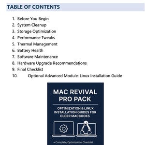 K&ouml;nnte beinhalten: Ein wei&szlig;es Dokument mit dem Titel &bdquo;INHALTSVERZEICHNIS&ldquo; und einer Liste von zehn nummerierten Elementen. Darunter befindet sich eine dunkelblaue Grafik mit dem Text &bdquo;MAC REVIVAL PRO PACK&ldquo; und Informationen zu Optimierungs- und Linux-Installationsanleitungen f&uuml;r &auml;ltere MacBooks.