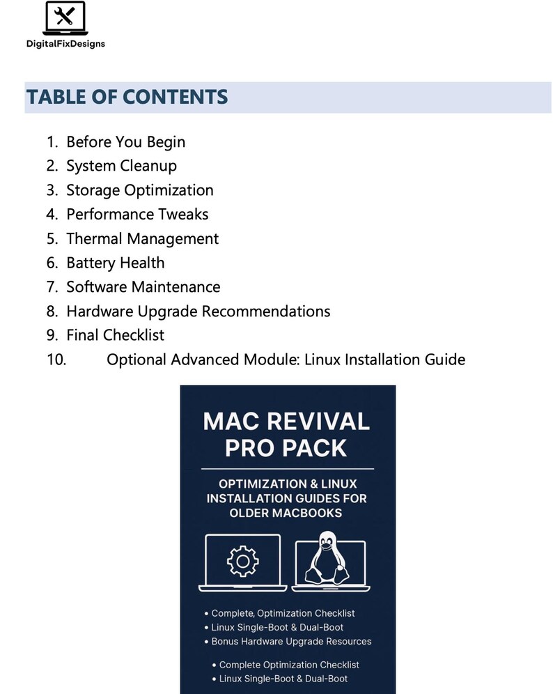 K&ouml;nnte beinhalten: Ein wei&szlig;es Dokument mit dem Titel &bdquo;INHALTSVERZEICHNIS&ldquo; und einer Liste von zehn nummerierten Elementen. Darunter befindet sich eine dunkelblaue Grafik mit dem Text &bdquo;MAC REVIVAL PRO PACK&ldquo; und Informationen zu Optimierungs- und Linux-Installationsanleitungen f&uuml;r &auml;ltere MacBooks.