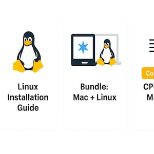 Puede incluir: Una serie de tarjetas blancas con iconos y texto relacionados con Linux y Mac. Las tarjetas incluyen un pingüino, un portátil y una tableta. Una tarjeta dice "Coming Soon" con texto sobre CPU Crypto Mining en Linux.