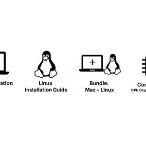 May include: A series of black and white icons related to computing. Features a laptop with a wrench, a penguin, a laptop with a plus sign, and a CPU chip. Text includes "Mac Optimization Guide", "Linux Installation Guide", "Bundie: Mac + Linux", and "Coming Soon: CPU Crypto Mining on Linux."