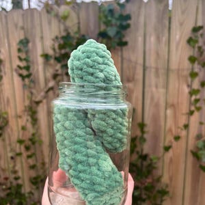 May include: A clear glass jar filled with two green, textured, crocheted items. The jar is held in front of a wooden fence with ivy. The crocheted items are a soft, light green color.