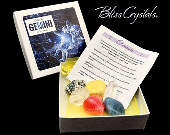 GEMINI Zodiac Set of 6 Crystals + Gift Box, Bag & Info Card, Birth Sign Gift #ZK26