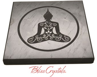 1 SHUNGITE Square Plate w/ Buddha etched, Polished Altar Stone, Crystal grid for protection Healing Crystal and Stone #SS63