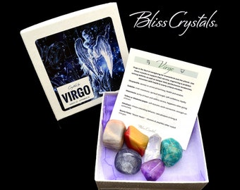 VIRGO Zodiac Set of 6 Crystals + Gift Box, Bag & Info Card, Birth Sign Gift #ZK29