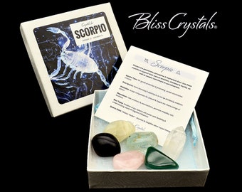 SCORPIO Zodiac Set of 6 Crystals + Gift Box, Bag & Info Card, Birth Sign Gift #ZK31