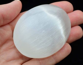 Dreamy! SELENITE XL Oval Palm Stone "Moonglow" Tumbled Stone Healing Crystal and Stone "Emotional Cleanser" Feng Shui Yoga #SP08