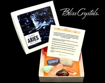 ARIES Zodiac Set of 6 Crystals + Gift Box, Bag & Info Card, Birth Sign Gift #ZK24