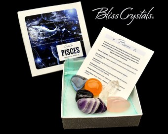 PISCES Zodiac Set of 6 Crystals + Gift Box, Bag & Info Card, Birth sign Gift #ZK23