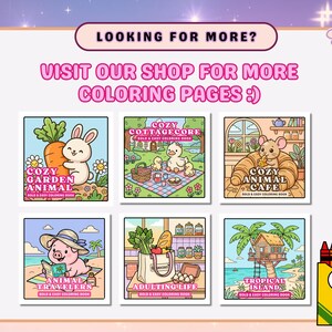 May include: A promotional image for coloring books. The image features six colorful book covers with cartoon animals and text. The text includes "Cozy Garden Animal", "Cozy Cottagecore", "Cozy Animal Cafe", "Animal Travelers", "Adulting Life", and "Tropical Island".