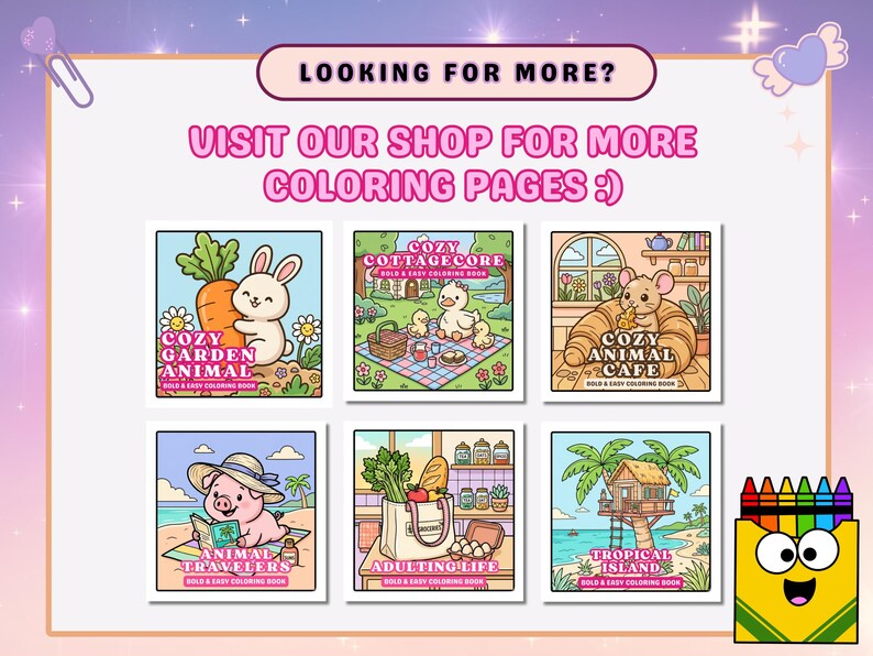 May include: A promotional image for coloring books. The image features six colorful book covers with cartoon animals and text. The text includes "Cozy Garden Animal", "Cozy Cottagecore", "Cozy Animal Cafe", "Animal Travelers", "Adulting Life", and "Tropical Island".