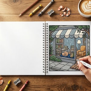 May include: A hand drawing a detailed illustration of a bookstore scene in a spiral-bound sketchbook. The drawing features a cozy interior with books, a cat, and an armchair. Colored pencils, crayons, and a coffee cup surround the sketchbook on a wooden surface.