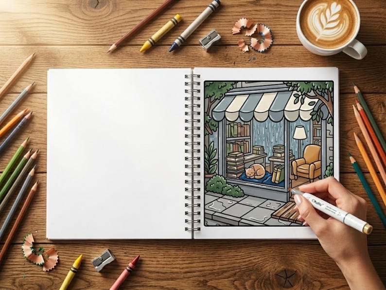 May include: A hand drawing a detailed illustration of a bookstore scene in a spiral-bound sketchbook. The drawing features a cozy interior with books, a cat, and an armchair. Colored pencils, crayons, and a coffee cup surround the sketchbook on a wooden surface.