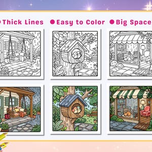 May include: A coloring book with six detailed illustrations of outdoor scenes, including a porch swing, birdhouse, and a bookstore. The text at the top reads "Thick Lines", "Easy to Color", and "Big Spaces". A set of colored pencils sits in a pink cup.