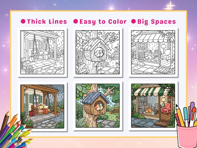 May include: A coloring book with six detailed illustrations of outdoor scenes, including a porch swing, birdhouse, and a bookstore. The text at the top reads "Thick Lines", "Easy to Color", and "Big Spaces". A set of colored pencils sits in a pink cup.