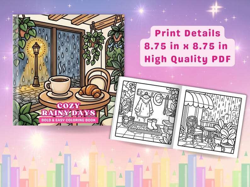 May include: A coloring book titled "Cozy Rainy Days" with illustrations of indoor and outdoor scenes. The cover shows a table with coffee and a croissant in front of a window with rain. The book measures 8.75 x 8.75 inches.
