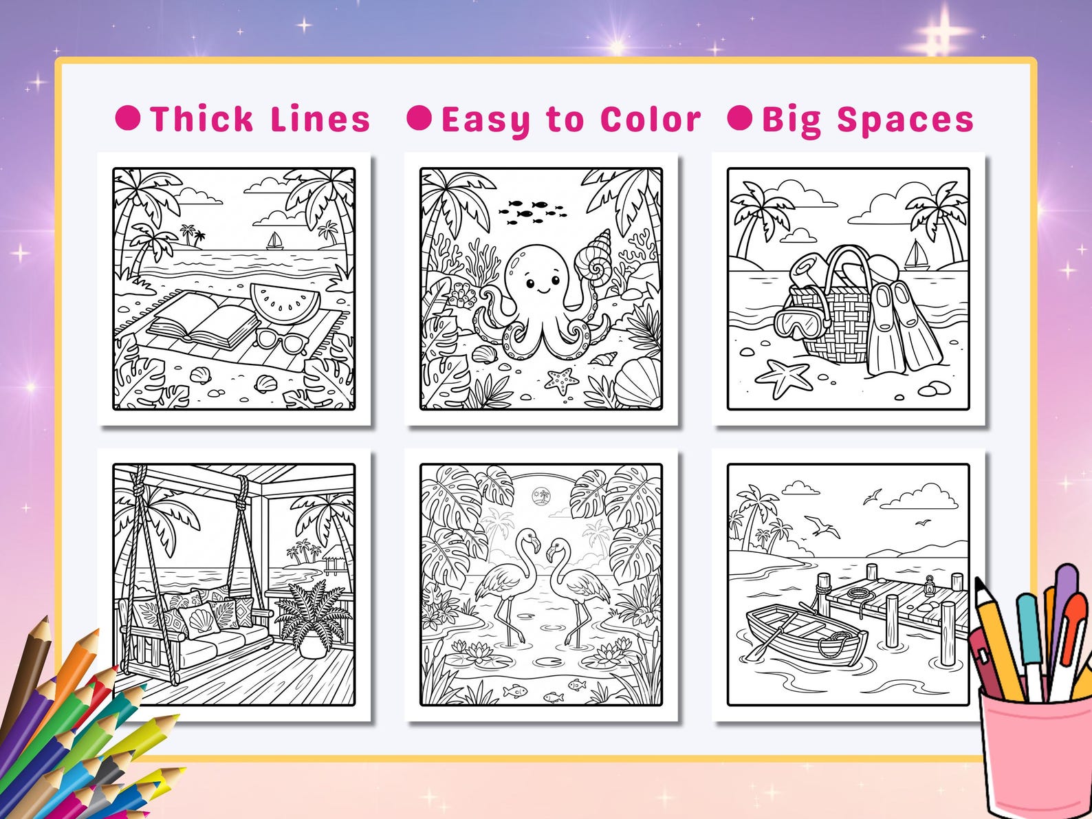 Printable Tropical Summer Coloring Book for Adults, Beach Scenes ...