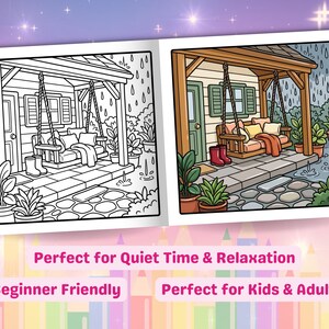 May include: A coloring book spread featuring a porch swing scene. One page is a black and white outline, the other is a colored illustration of a porch with a swing, cushions, and potted plants. Rain is falling. Text: Beginner Friendly.