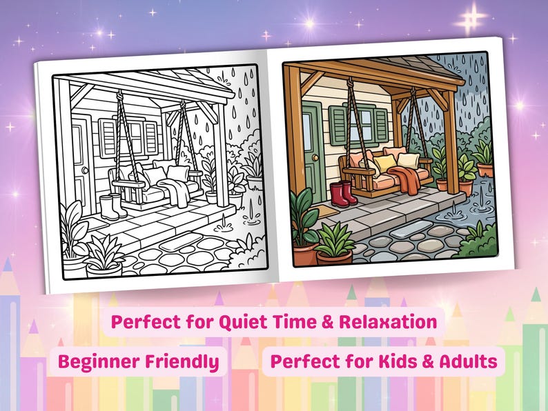 May include: A coloring book spread featuring a porch swing scene. One page is a black and white outline, the other is a colored illustration of a porch with a swing, cushions, and potted plants. Rain is falling. Text: Beginner Friendly.