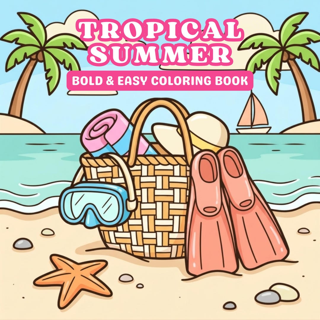 Printable Tropical Summer Coloring Book for Adults, Beach Scenes ...