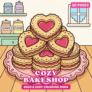 Printable Cozy Bakery Hygge Coloring Book for Adult, Bold Easy Adult Coloring Pages, Aesthetic Coloring
