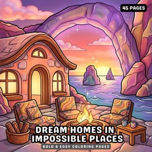 Peut inclure: Une couverture de livre de coloriage intitulée Dream Homes in Impossible Places avec 45 pages. L'illustration montre une maison en pierre avec trois chaises et un foyer sur une terrasse surplombant la mer avec un voilier, une arche rocheuse et un coucher de soleil.