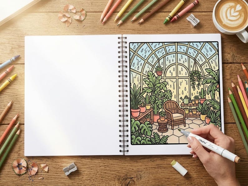 May include: A coloring book open to a detailed illustration of a greenhouse scene with plants, a wicker chair, and rain falling outside. Colored pencils, a sharpener, and a cup of coffee surround the book on a wooden surface.
