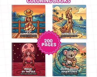Pacchetto completo di 200 pagine da colorare estive per adulti in formato PDF, disegni semplici e audaci, spiaggia rilassante, download stampabile, attività creative per una vacanza al sole all'insegna del relax.
