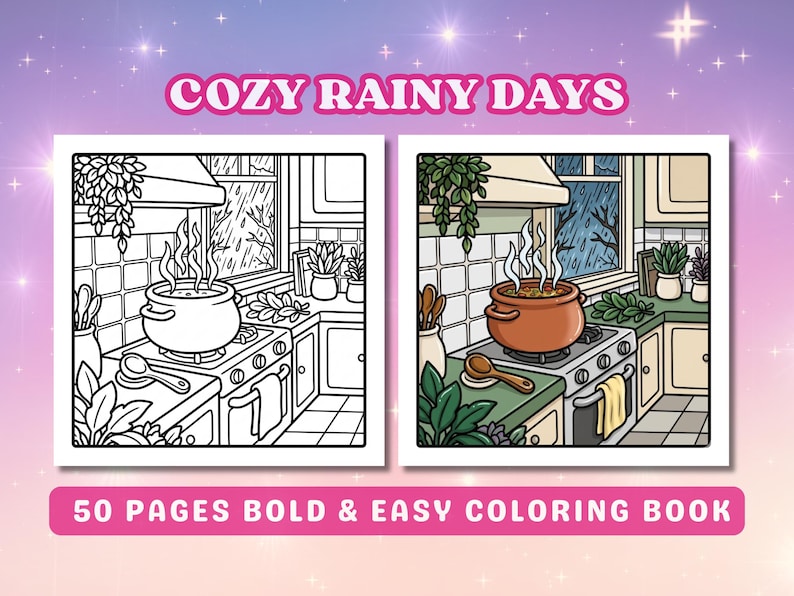 May include: A coloring book titled "Cozy Rainy Days" with two illustrations of a kitchen scene. One is a black and white outline, and the other is colored. The text "50 Pages Bold & Easy Coloring Book" is at the bottom.