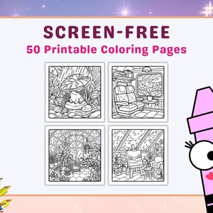 May include: A white background with the text "SCREEN-FREE 50 Printable Coloring Pages" in purple and pink. Four black and white coloring pages are displayed, along with a pink crayon character and a bundle of colored pencils.