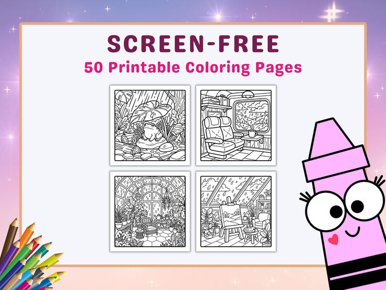May include: A white background with the text "SCREEN-FREE 50 Printable Coloring Pages" in purple and pink. Four black and white coloring pages are displayed, along with a pink crayon character and a bundle of colored pencils.