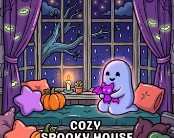 Libro da colorare di una casa accogliente e spettrale, inquietante, carina, kawaii, infestata, per Halloween, autunno, rilassante, arte per adulti, stampabile in PDF, download digitale
