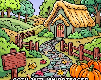 Libro da colorare per cottage autunnale accogliente, stile cottagecore autunnale, estetica Hygge, rilassante, audace e facile, arte per adulti, stampabile in PDF, download digitale.
