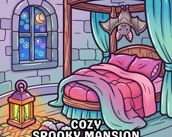Libro da colorare di una casa accogliente e spettrale, con fantasmi inquietanti e carini in stile Kawaii per Halloween e autunno, ideale per un'attività artistica rilassante per adulti. Scaricabile in formato PDF digitale.