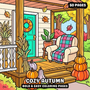 Autumn hygge coloring book cute fall coloring pages cozy autumn coloring aesthetic bold easy coloring for adults printable digital pdf jpg