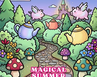 Disegni da colorare di una magica foresta estiva / Fiaba fantasy accogliente e carina / Avventura digitale per adulti rilassante e stravagante in stile Hygge, stampabile in PDF