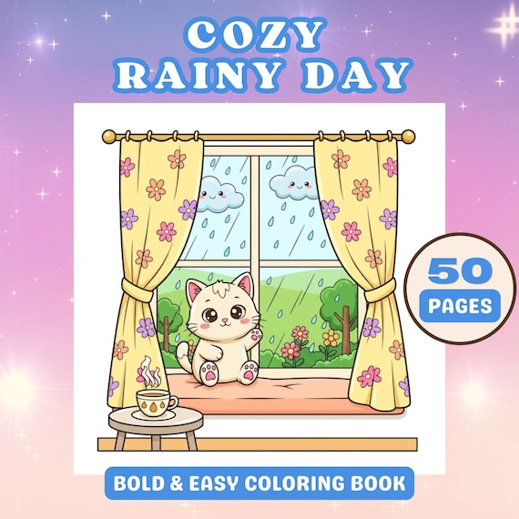 Cozy Rainy Day Coloring Book for Kids | Bold and Easy Coloring Pages for Adults | Cozy Cute 50 Animal Coloring Pages PDF, Instant Download
