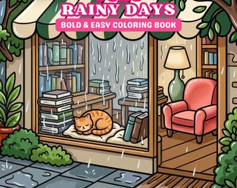 Libro da colorare per adulti "Accogliente giornata di pioggia" / Pagine da colorare Hygge semplici e audaci / Scene rilassanti per interni in formato PDF stampabile / Download digitale