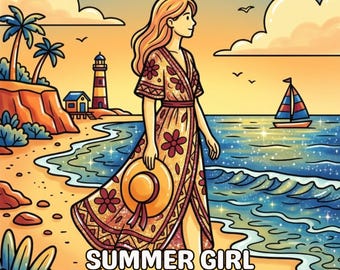 Libro da colorare per adulti "Cozy Summer Girl": pagine da colorare estive audaci e facili, pagine da colorare digitali e stampabili in PDF.