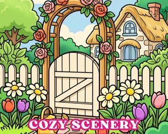 Libro da colorare con accoglienti paesaggi primaverili / Pagine di paesaggi e natura Hygge / Disegni primaverili audaci e semplici / Libro da colorare digitale per adulti