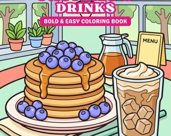 Libro da colorare Hygge stampabile con dolci e bevande accoglienti per adulti, pagine da colorare facili e audaci per adulti, pagine da colorare con un'estetica accogliente da pasticceria.