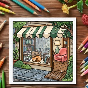 May include: A colorful illustration of a bookstore on a rainy day. The scene includes a striped awning, stacks of books, a sleeping orange cat, and a cozy armchair. Colored pencils surround the image.