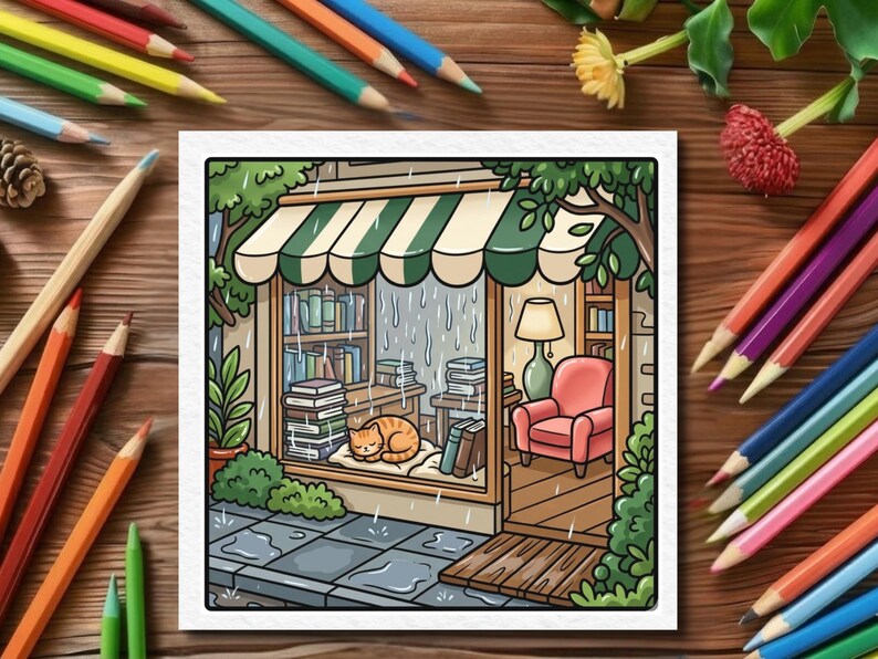 May include: A colorful illustration of a bookstore on a rainy day. The scene includes a striped awning, stacks of books, a sleeping orange cat, and a cozy armchair. Colored pencils surround the image.