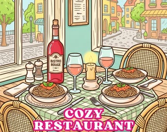 Libro da colorare con accogliente ristorante europeo / Pagine romantiche di caffè e strade / Architettura audace e semplice / Libro da colorare digitale per adulti