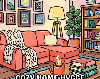 Libro da colorare per adulti in stile Hygge, accogliente e rilassante, con disegni semplici e audaci, pagine digitali in PDF per interni, stampabili e scaricabili, ideale per un'estetica casalinga consapevole.