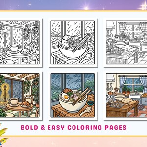 May include: A collection of six coloring pages featuring cozy indoor scenes. The pages depict a cafe, a bowl of ramen, and a kitchen, all in a rainy setting. The text "BOLD & EASY COLORING PAGES" is at the bottom. A pencil holder with colored pencils is in the corner.